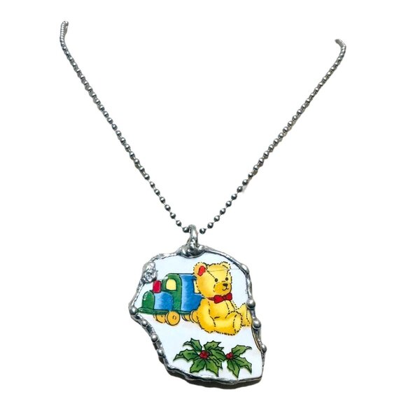 VNTG Holiday Broken China Teddy Bear w/ Presents Pendant Encased in Silver Bezel - Picture 11 of 14